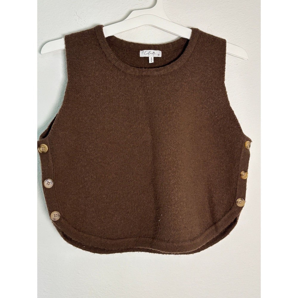 Calista Brown Knit Sweater Vest Side Button Crew Neck Sleeveless Top Large
